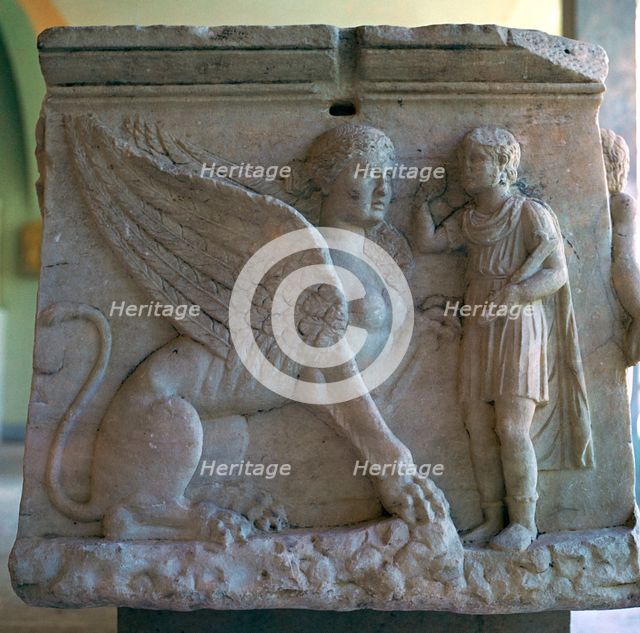 Oedipus and the Sphinx on a Greek sarcophagus. Artist: Unknown