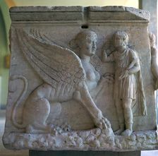 Oedipus and the Sphinx on a Greek sarcophagus