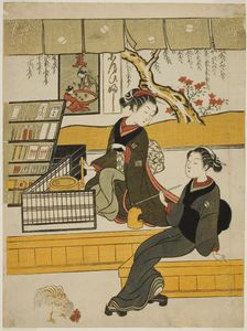 Ofuji, the Shop Girl of the Motoyanagiya, with a Customer, c. 1769. Creator: Suzuki Harunobu