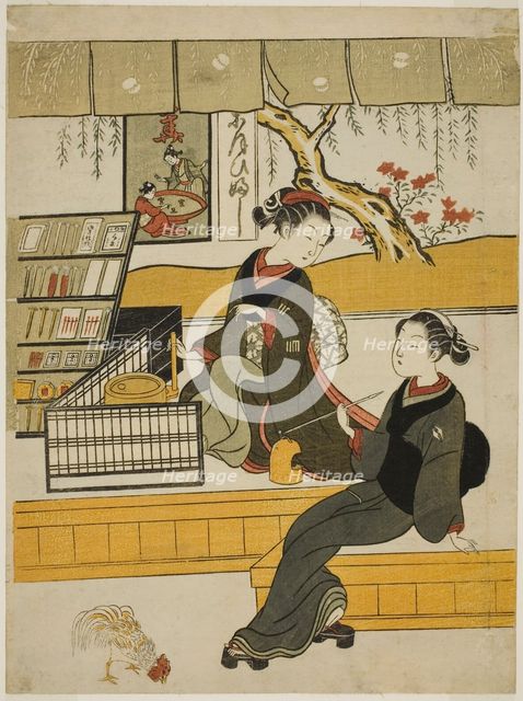 Ofuji, the Shop Girl of the Motoyanagiya, with a Customer, c. 1769. Creator: Suzuki Harunobu.