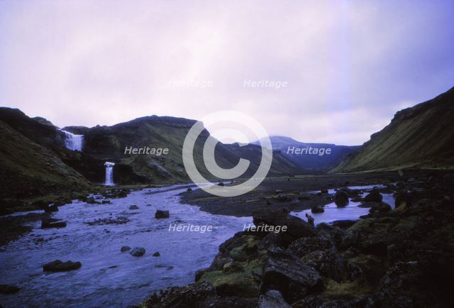 Ofaerfoss waterfall and Eldgja forge, Central Iceland, 20th century. Artist: CM Dixon.