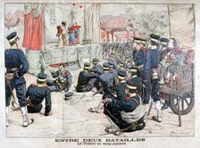 Off duty Japanese soldiers at the theatre in their camp, Russo-Japanese War, 1904