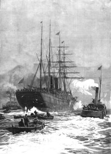 'Off to the Antipodes--A "P and O" Steamer going down the Thames 1888. Creator: Unknown