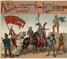 Offensive weapons. Knights in armor and infantry archers, crossbowmen and trumpet