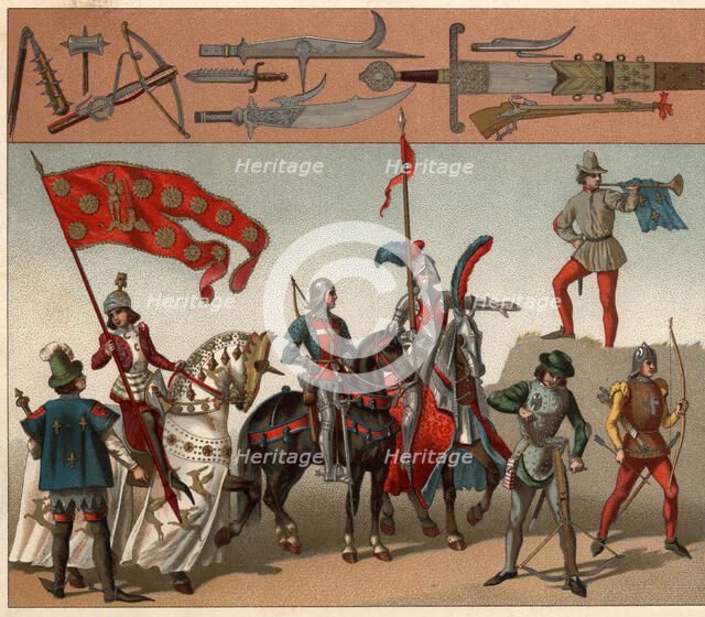 Offensive weapons. Knights in armor and infantry archers, crossbowmen and trumpet.
