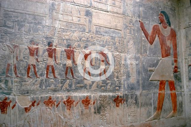 Offering bearers and deceased's portrait, polychrome relief, Mastaba of Kagemni, Saqqara,Egypt, 2003 Creator: Unknown.