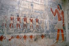 Offering bearers and deceased's portrait, polychrome relief, Mastaba of Kagemni, Saqqara,Egypt, 2003 Creator: Unknown