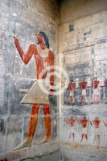 Offering bearers and deceased's portrait, polychrome relief, Mastaba of Kagemni, Saqqara,Egypt, 2003 Creator: Unknown.