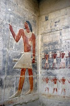 Offering bearers and deceased's portrait, polychrome relief, Mastaba of Kagemni, Saqqara,Egypt, 2003 Creator: Unknown
