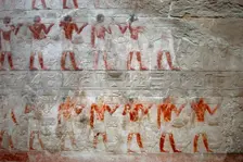 Offering bearers, polychrome relief, Mastaba of Kagemni, Saqqara, Egypt, 2350 BC (2003). Creator: Unknown