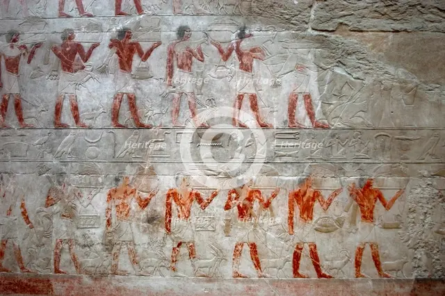 Offering bearers, polychrome relief, Mastaba of Kagemni, Saqqara, Egypt, 2350 BC (2003). Creator: Unknown.
