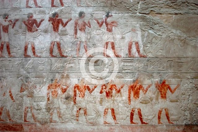 Offering bearers, polychrome relief, Mastaba of Kagemni, Saqqara, Egypt, 2350 BC (2003). Creator: Unknown.