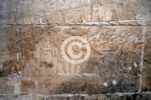 Offering bearers, polychrome relief, Mastaba of Kagemni, Saqqara, Egypt, 2350 BC (2003). Creator: Unknown.
