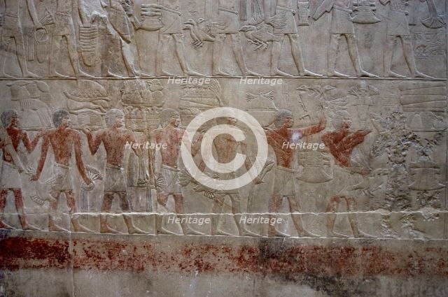 Offering bearers, polychrome relief, Mastaba of Kagemni, Saqqara, Egypt, 2350 BC (2003). Creator: Unknown.