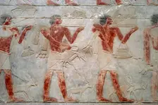 Offering bearers, polychrome relief, Mastaba of Kagemni, Saqqara, Egypt, 2350 BC (2003). Creator: Unknown