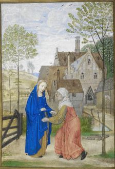 Office of Lauds: The Visitation. Mary and Elizabeth in the garden of a country house, 1485-1490. Creator: Unknown