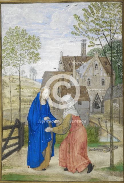 Office of Lauds: The Visitation. Mary and Elizabeth in the garden of a country house, 1485-1490. Creator: Unknown.