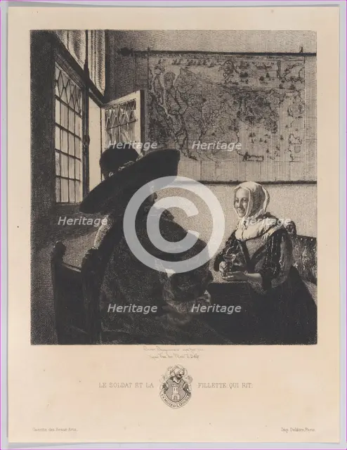 Officer and Laughing Girl, after Vermeer, 1866. Creator: Jules-Ferdinand Jacquemart.