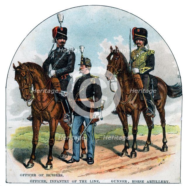 Officer of Hussars, Officer, infantry of the Line, Gunner, horse artillery, 19th century. Artist: Unknown