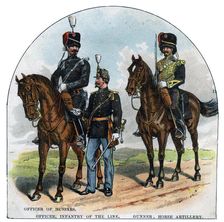 Officer of Hussars, Officer, infantry of the Line, Gunner, horse artillery, 19th century