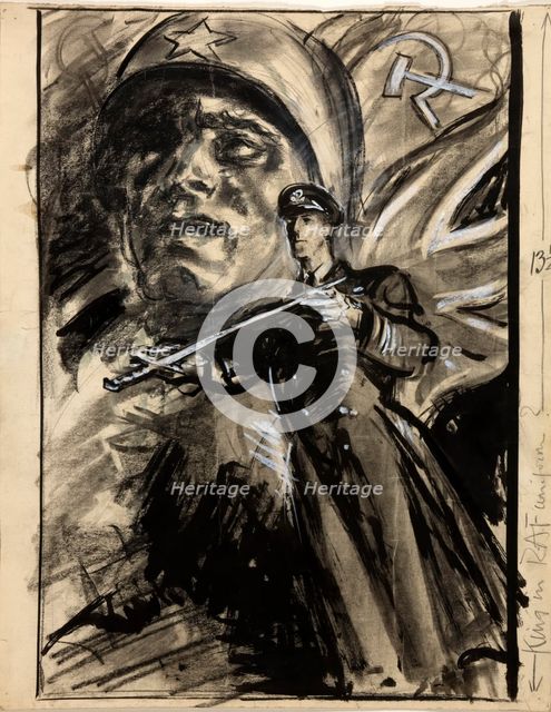 Officer presenting sword; head of Russian soldier with Red Flag and Union Jack, between 1939 & 1946. Creators: Central Office of Information, Unknown.