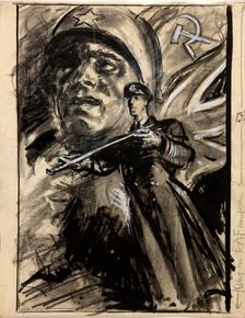 Officer presenting sword; head of Russian soldier with Red Flag and Union Jack, between 1939 & 1946. Creators: Central Office of Information, Unknown