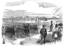 Officers and Privates of the Siege-Train (Royal Artillery) Passing Before the Queen, at Woolwich, 18 Creator: Unknown