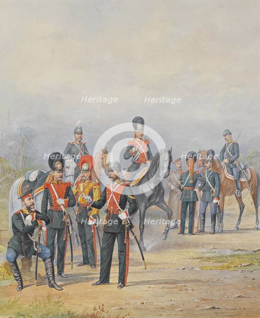 Officers and Soldiers of the Life-Guards Dragoon Regiment, 1873. Artist: Balashov, Pyotr Ivanovich (?-1888)