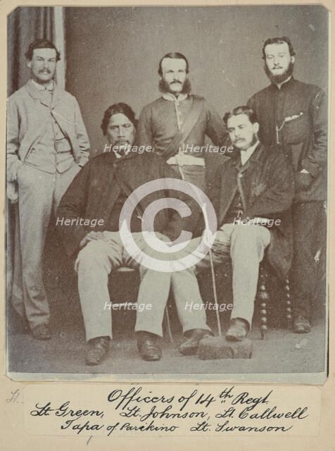 Officers of the 14th Regt. - Lt. Green, Lt. Johnston, Lt. Callwell, Tapa of Parikino..., c.1900. Creator: William Francis Gordon.