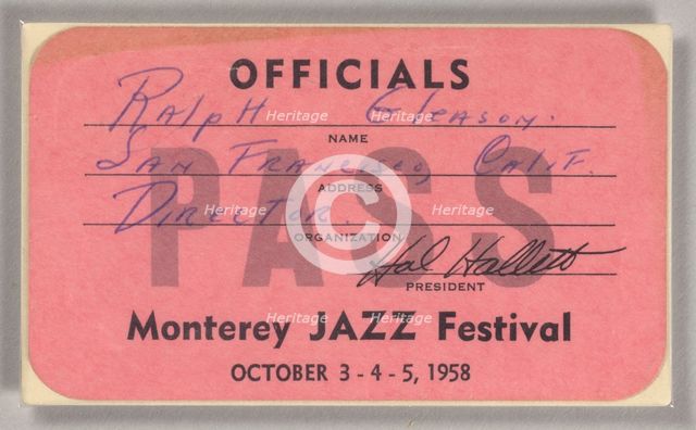 Official pass for the Monterey Jazz Festival, 1958. Creator: Unknown.