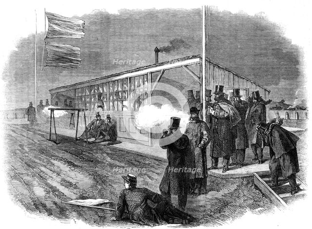 Official trial of small-bore rifles on Plumstead Marshes: firing from the rests, 1862. Creator: Unknown.