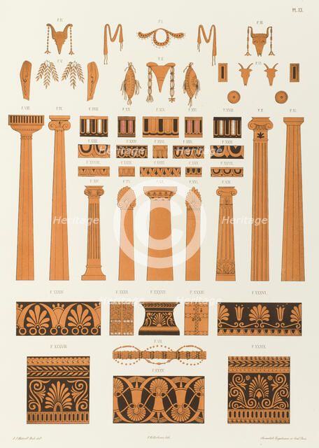 Offrandes, colonnes, stèles et ornements divers tirés de vases peints, 1846.  Creator: Franz Kellerhoven.