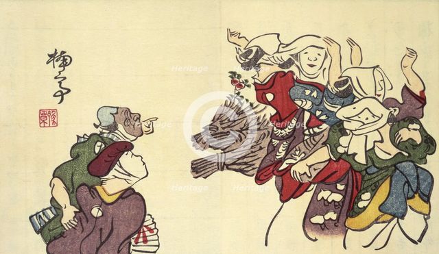Ohara girls dancing beside their bundles of brushwood, 1803. Creator: Nantei.