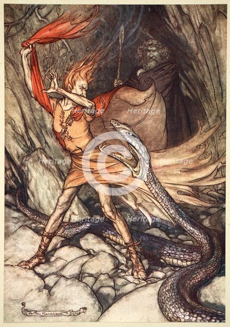 'Ohe! Ohe! Horrible dragon, O swallow me not! Spare the life of poor Loge!', 1910.  Creator: Arthur Rackham.