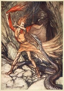 Ohe! Ohe! Horrible dragon, O swallow me not! Spare the life of poor Loge! 1910. Creator: Arthur Rackham