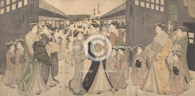 Oiran and Attendants at the O Mon or Great Gate of the Yoshiwara, ca. 1794. Creator: Hosoda Eishi.