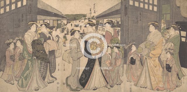 Oiran and Attendants at the O Mon or Great Gate of the Yoshiwara, ca. 1794. Creator: Hosoda Eishi.