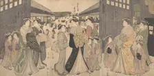 Oiran and Attendants at the O Mon or Great Gate of the Yoshiwara, ca. 1794. Creator: Hosoda Eishi