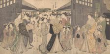 Oiran and Attendants at the O Mon or Great Gate of the Yoshiwara, ca. 1794. Creator: Hosoda Eishi