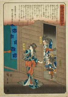 Oiso no Tora telling Soga Brothers where to find Suketsune, from the series "Illustr..., c. 1843/47. Creator: Ando Hiroshige