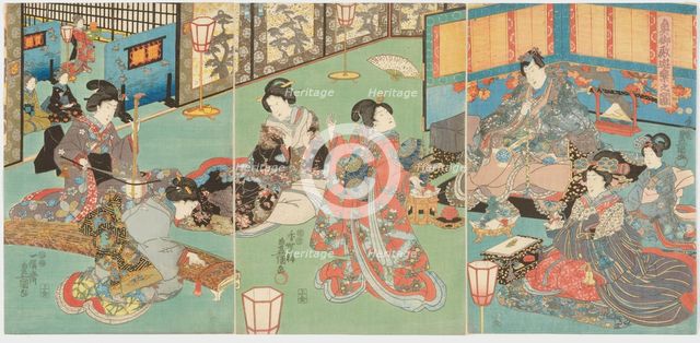 Okugoten yuraku no zu (Scenes of Amusements at Oku Palace). Triptych. Creator: Utagawa Kunisada.