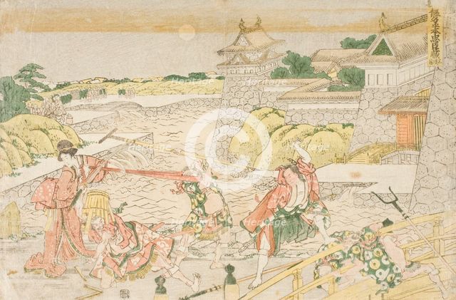 Okaru and Kampei outside Kamakura Castle, Act III from the Play Chushingura, 1806. Creator: Hokusai.