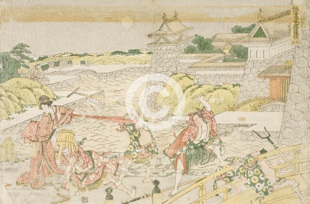 Okaru and Kampei outside Kamakura Castle, Act III from the Play Chushingura, 1806. Creator: Hokusai.