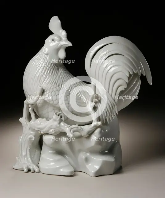 Okimono in the Form of a Seated Cockerel on a Branch and Rockery, 19th century. Creator: Unknown.