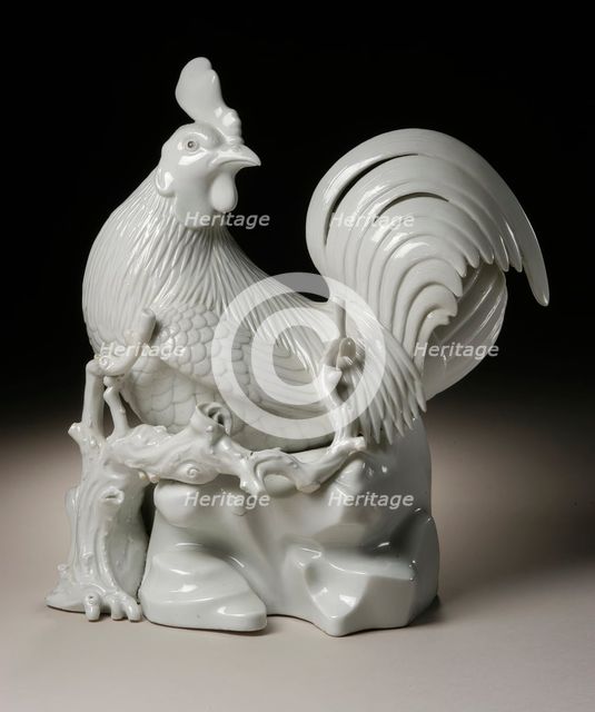 Okimono in the Form of a Seated Cockerel on a Branch and Rockery, 19th century. Creator: Unknown.