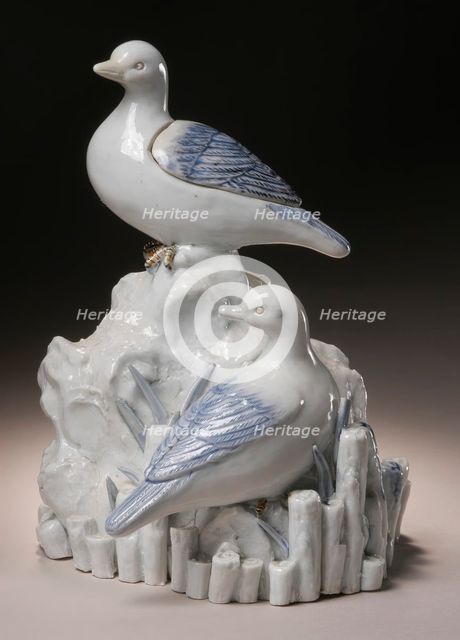 Okimono or Kogo with Pair of Ducks on a Rookery Encircled by Pilings, 19th century. Creator: Unknown.