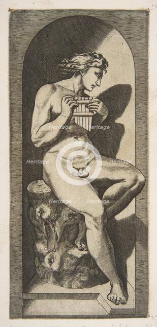 Olympus naked seated on a tree stump holding pipes, set within a niche, ca. 1515-27. Creator: Marco Dente.