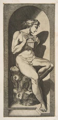 Olympus naked seated on a tree stump holding pipes, set within a niche, ca. 1515-27. Creator: Marco Dente