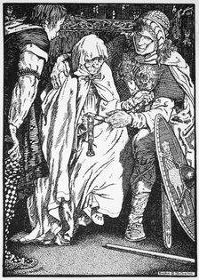 Olaf took the old woman in his arms 10th or 11th century (1913). Creator: Morris Meredith Williams