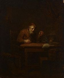 Old man weighing gold coins, 1810. Creator: Alexander Lauréus